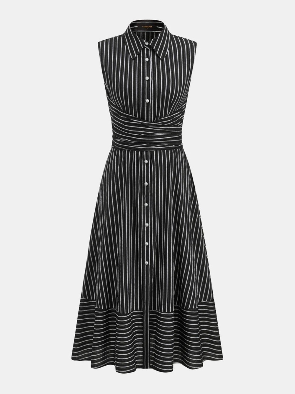Commense Black Striped 100% Cotton Collared Sleeveless Tie Waist Midi Dress M